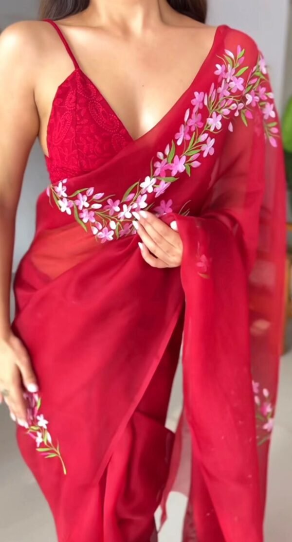 Red Blush multi flowers saree - Image 2