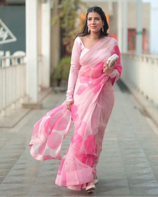 Blush Pink pure organza hand-painted saree - Image 2