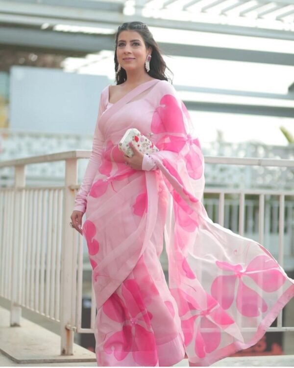 Blush Pink pure organza hand-painted saree