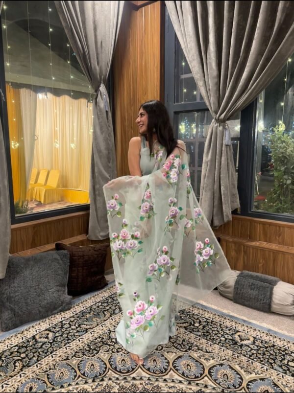 Green Blush White Pink Rose Saree