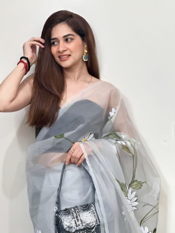 Blush Grey Organza Hand-Painted Saree